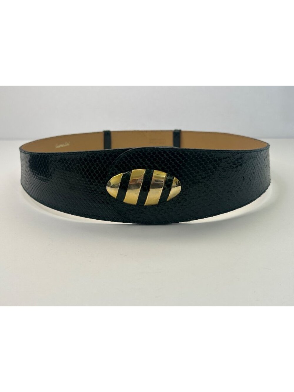 Laura Lei Sm Green Shiny Genuine Snake Skin Belt Gold Oval Buckle Retro 80s 90s
